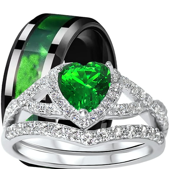 LaRaso Co His Her Wedding Ring Set 3 Piece TRIO Green Black Silver Titanium Couples Bands 9 13
