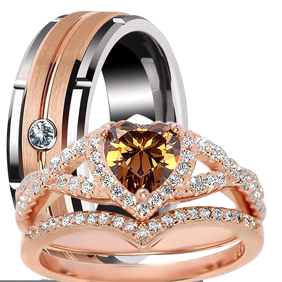 LaRaso Co His Her Wedding Ring Set 3 Piece TRIO Rose Gold EP Couples Bands 7 13
