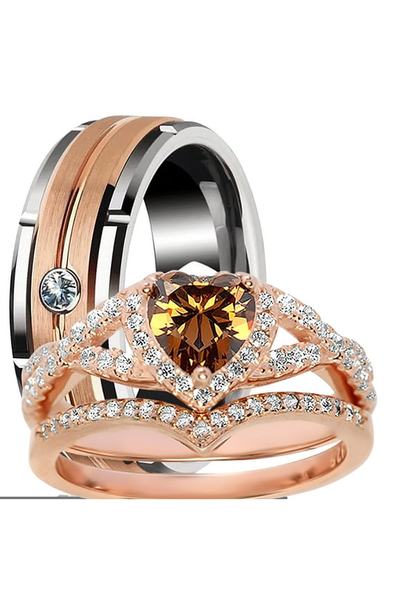 LaRaso Co His Her Wedding Ring Set 3 Piece TRIO Rose Gold EP Couples Bands 7 13