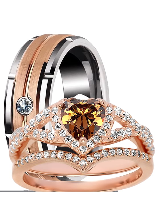 LaRaso Co His Her Wedding Ring Set 3 Piece TRIO Rose Gold EP Couples Bands 9 11