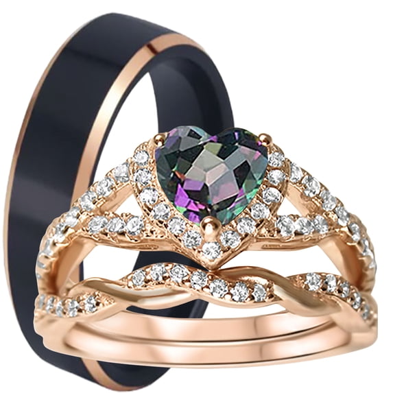 LaRaso Co His Her Wedding Ring Set 3 Piece TRIO Silver Black Ceramic Tungsten Couples Bands 9 10