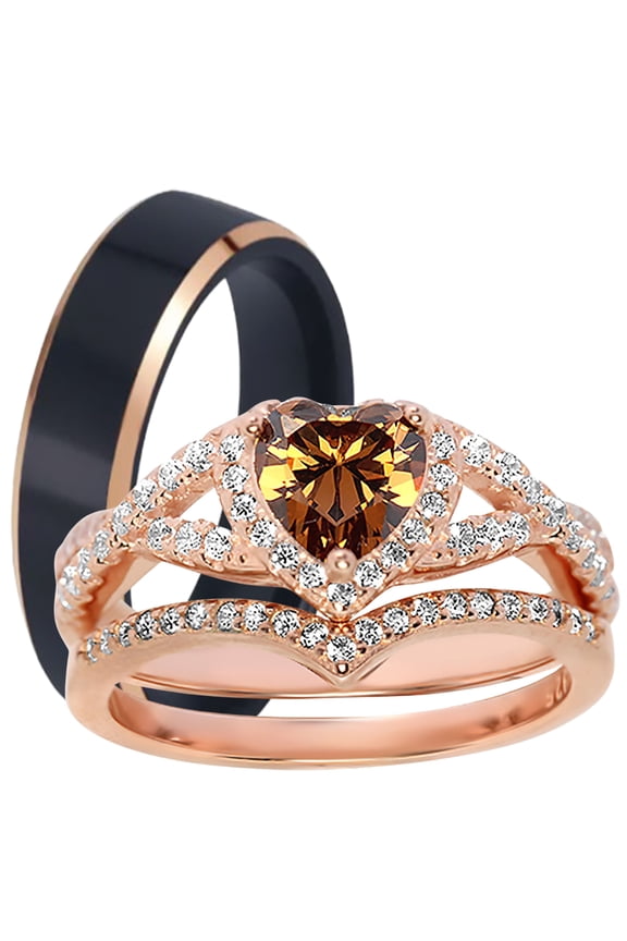 LaRaso Co His Her Wedding Ring Set 3 Piece TRIO Silver Black Ceramic Tungsten Couples Bands 9 13