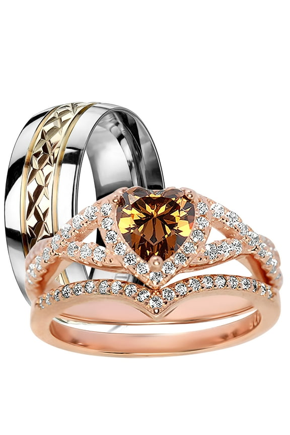 LaRaso Co His Her Wedding Ring Set 3 Piece TRIO Silver Titanium Couples Bands 10 10