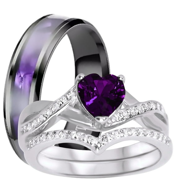 LaRaso Co His Her Wedding Ring Set 3 Piece TRIO Silver Titanium Couples Bands 10 10