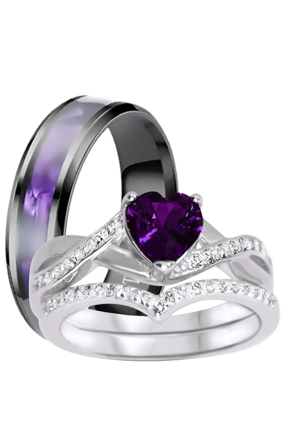 LaRaso Co His Her Wedding Ring Set 3 Piece TRIO Silver Titanium Couples Bands 10 10