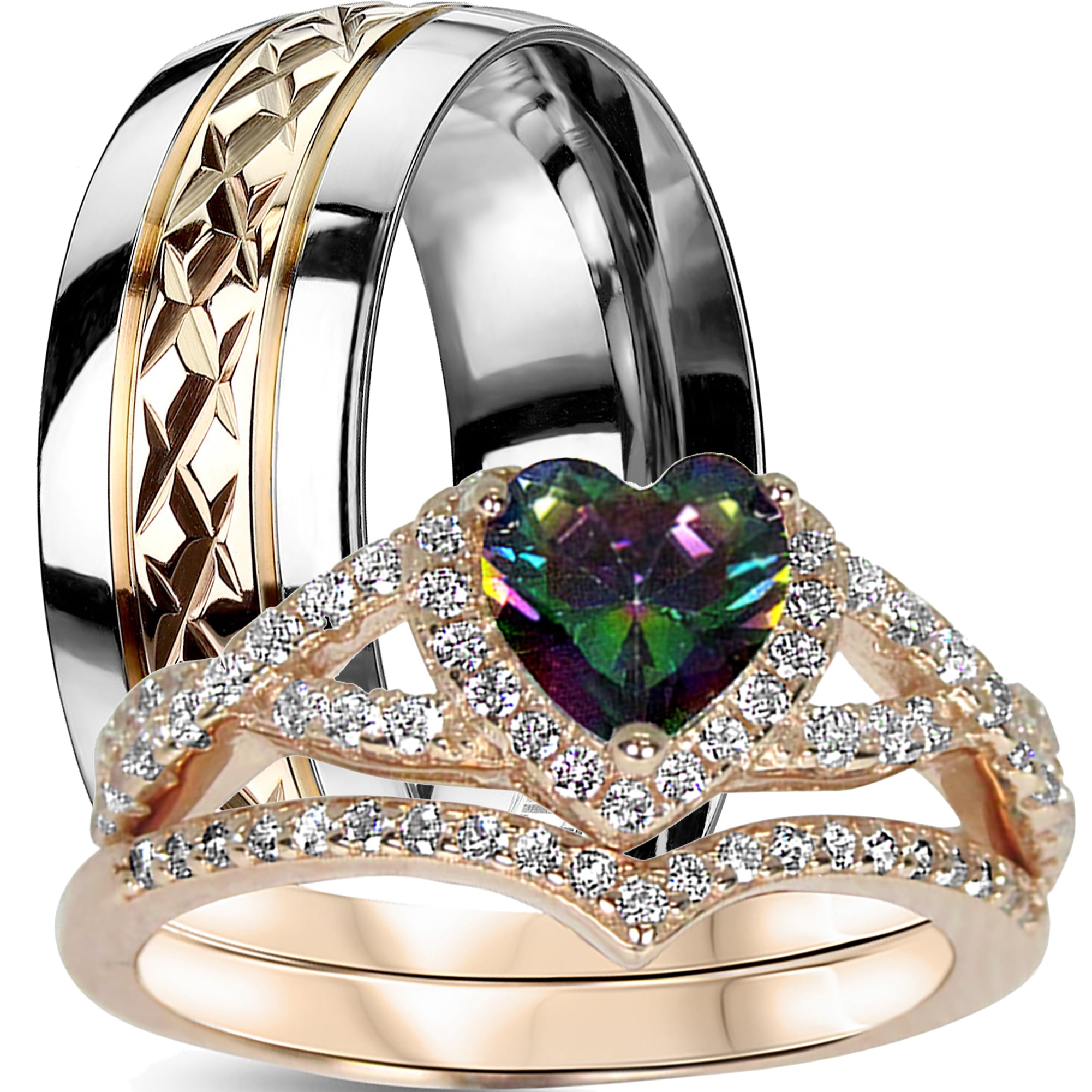 4-Piece His & Her Wedding Ring Set - Sterling Silver & Titanium With Cubic Zirconia Stones