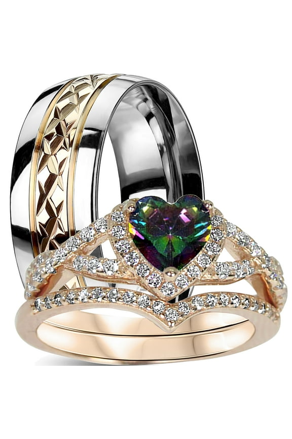 LaRaso Co His Her Wedding Ring Set 3 Piece TRIO Silver Titanium Couples Bands 6 10