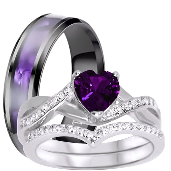 LaRaso Co His Her Wedding Ring Set 3 Piece TRIO Silver Titanium Couples Bands 8 12