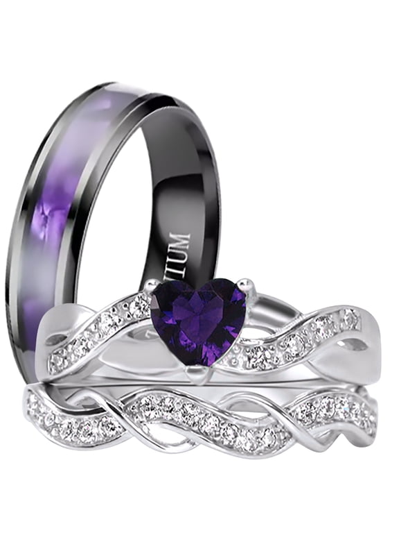 LaRaso Co His Her Wedding Ring Set 3 Piece TRIO Silver Titanium Couples Bands 8 13