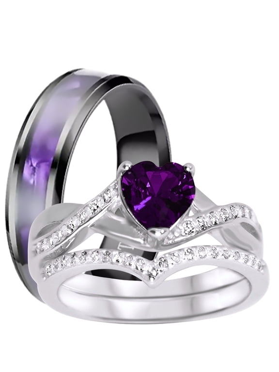 LaRaso Co His Her Wedding Ring Set 3 Piece TRIO Silver Titanium Couples Bands 9 11