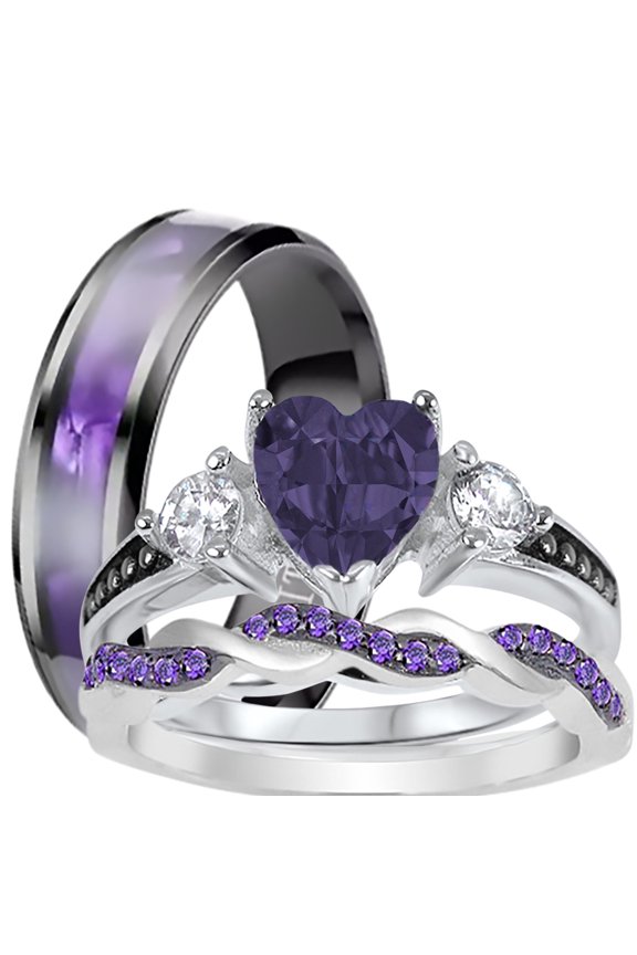 LaRaso Co His Her Wedding Ring Set 3 Piece TRIO Silver Titanium Couples Bands 9 12