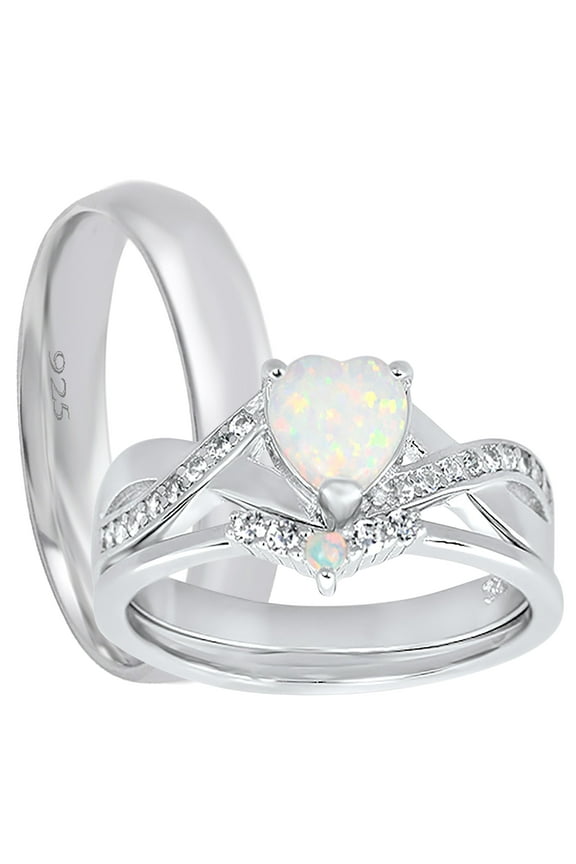 LaRaso Co His Her Wedding Ring Set 3 Piece Trio Opal Silver Titanium Couples Bands 8 8