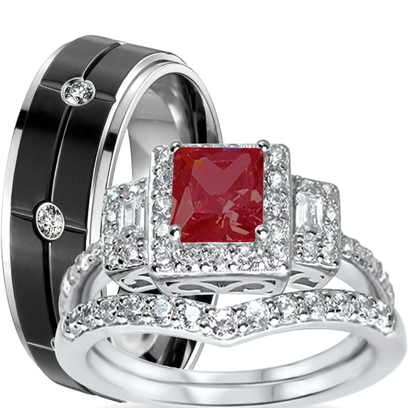 LaRaso & Co His Her Wedding Ring Set Red Black Couples Rings for Women Men Size 8 10
