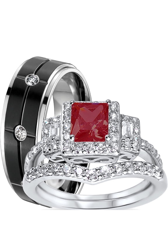 His Her Wedding Ring Set Red Black Couples Rings for Women Men Size 9 9