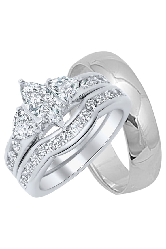 His Her Wedding Ring Set Set Silver Marquise Couples Engagement Bands Men Women (10/11)