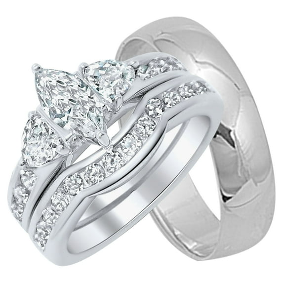 LaRaso & Co His Her Wedding Ring Set Set Silver Marquise Couples Engagement Bands Men Women (11/15 )