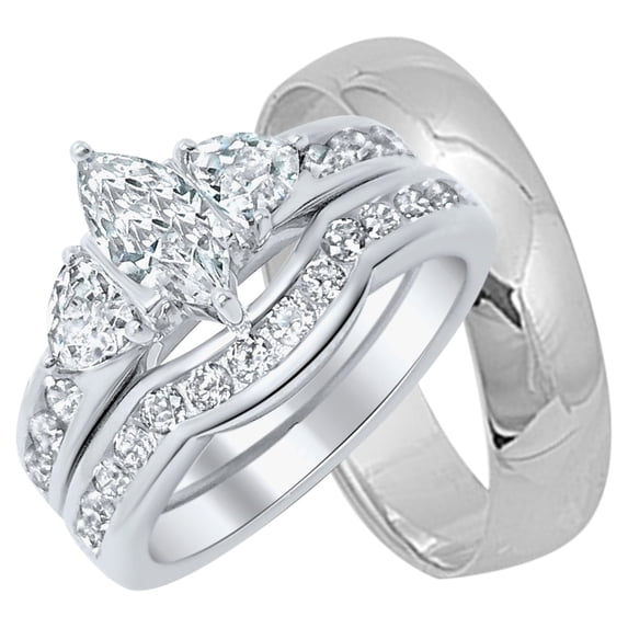 LaRaso & Co His Her Wedding Ring Set Set Silver Marquise Couples Engagement Bands Men Women (5/7)