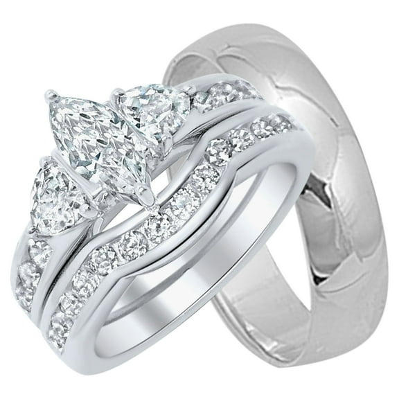 LaRaso & Co His Her Wedding Ring Set Set Silver Marquise Couples Engagement Bands Men Women (5/9)