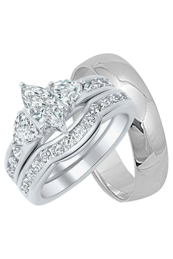 His Her Wedding Ring Set Set Silver Marquise Couples Engagement Bands Men Women (8/8 )