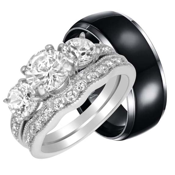LaRaso & Co His Her Wedding Ring Set Silver Black Titanium 1 Carat Round Engagement Couples Rings Him Her 10/10