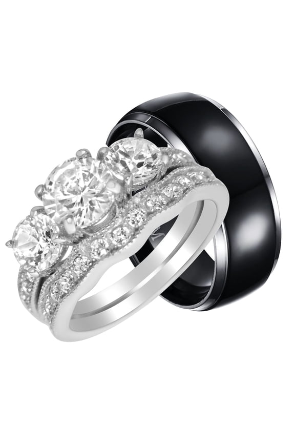 His Her Wedding Ring Set Silver Black Titanium 1 Carat Round Engagement Couples Rings Him Her 8/10