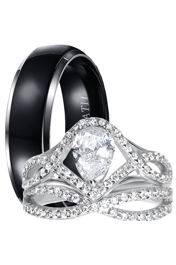 His Her Wedding Ring Set Silver Titanium Wedding Bands Men Women