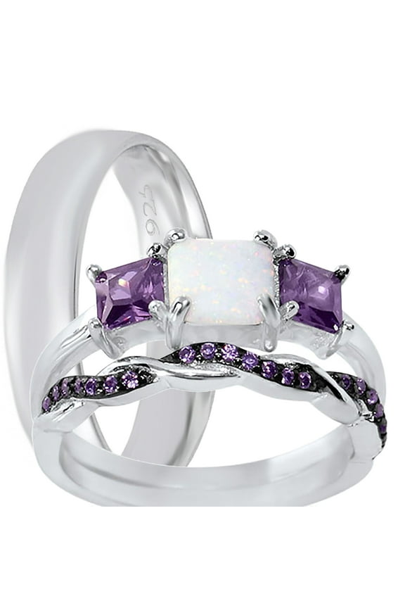 Silver Wedding Ring Set TRIO His Her Engagement Rings Men Women 7/9