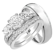LaRaso & Co His Her Wedding Ring Set Sterling Silver Titantium CZ Engagement Wedding Set Him Her 5/9