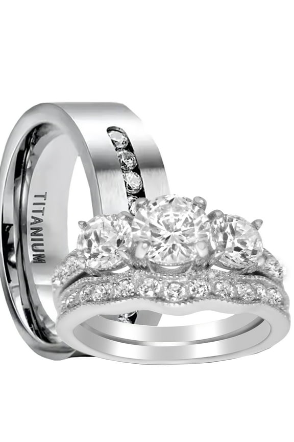 His Her Wedding Ring Set Sterling Silver Titantium CZ Engagement Wedding Set Him Her 5/9