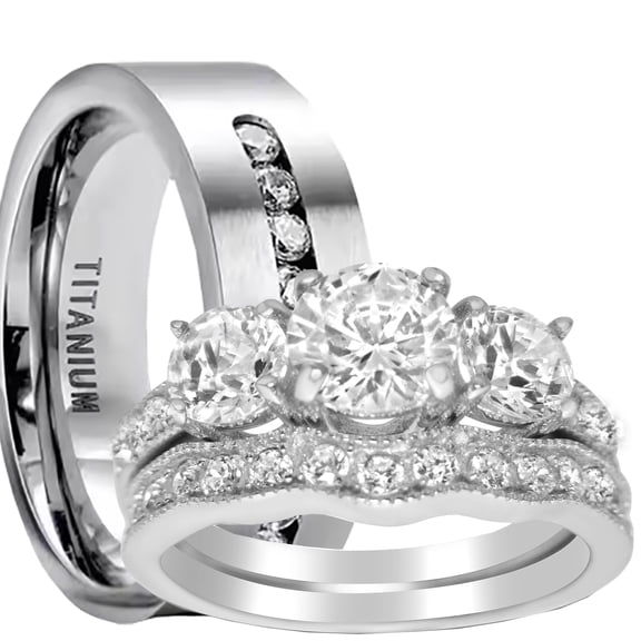 LaRaso & Co His Her Wedding Ring Set Sterling Silver Titantium CZ Engagement Wedding Set Him Her 7/7