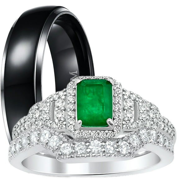 LaRaso & Co His Her Wedding Ring Set Trio Sterling Silver Black Wedding Band Engagement Ring Set 10/9