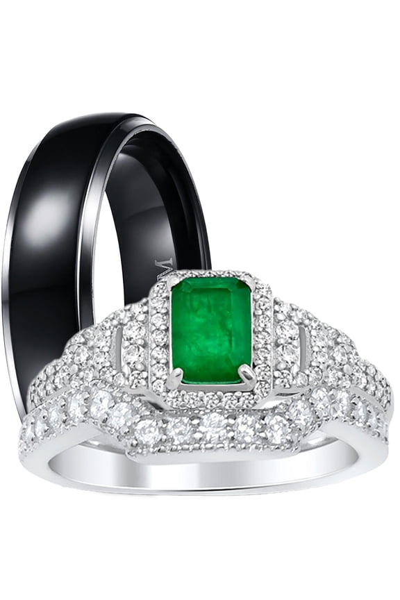 His Her Wedding Ring Set Trio Sterling Silver Black Wedding Band Engagement Ring Set 5/12