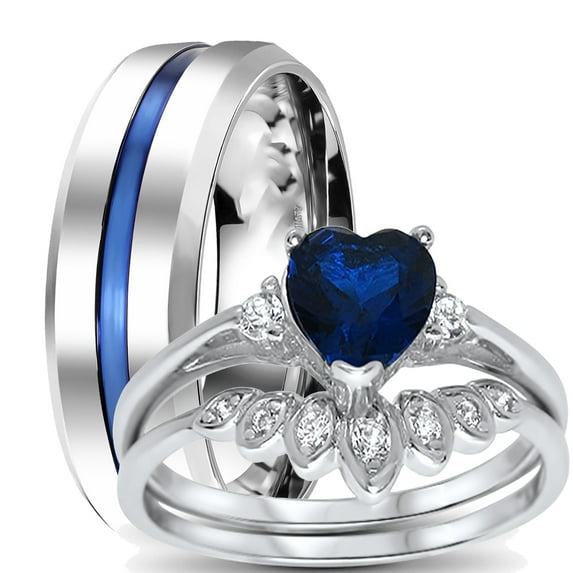 LaRaso & Co His & Her Wedding Rings Set Blue Sapphire Engagement Ring Band Set Men Women