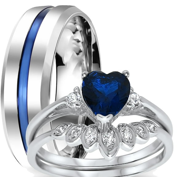 LaRaso & Co His & Her Wedding Rings Set Blue Sapphire Engagement Ring Band Set Men Women