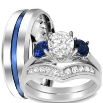 LaRaso & Co His Her Wedding Rings Silver Steel Sapphire CZ Engagement Couples Bridal Set