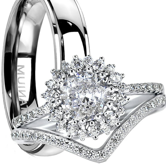 LaRaso & Co His Her Wedding Rings Set Silver CZ Engagement Ring Titnaium Band Men Women