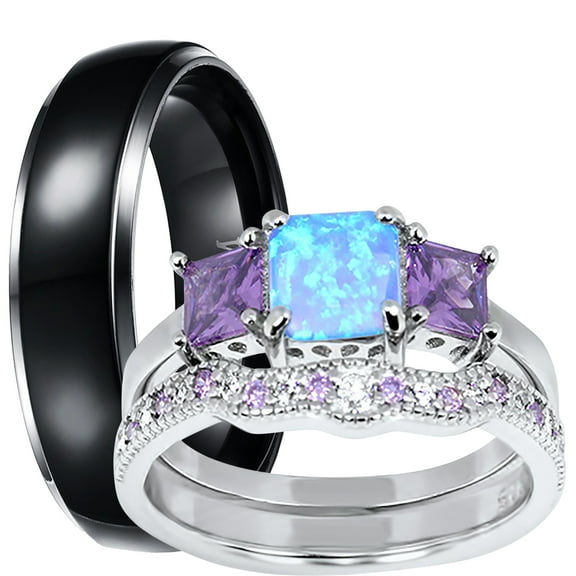 LaRaso & Co His Her Wedding Set 3 PCS TRIO Opal Sterling Silver Black Titanium Wedding Band Set 5/9
