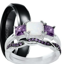 LaRaso & Co His Her Wedding Set 3 Piece Trio Opal Sterling Silver Black Titanium Wedding Band Set 5/9