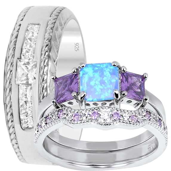 LaRaso & Co His Her Wedding Set 3 PCS TRIO Opal Sterling Silver Bride Groom Wedding Band Set 10/14