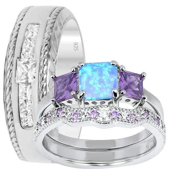 LaRaso & Co His Her Wedding Set 3 PCS TRIO Opal Sterling Silver Bride Groom Wedding Band Set 5/9