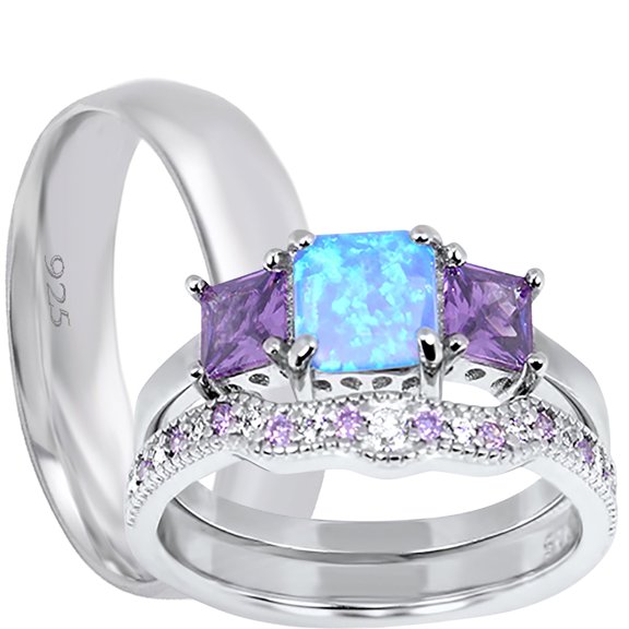 LaRaso & Co His Her Wedding Ring Set Lab Opal Silver Bride Groom Wedding Band Set 6/10