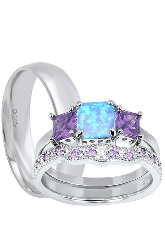 His Her Wedding Ring Set Lab Opal Silver Bride Groom Wedding Band Set 6/10