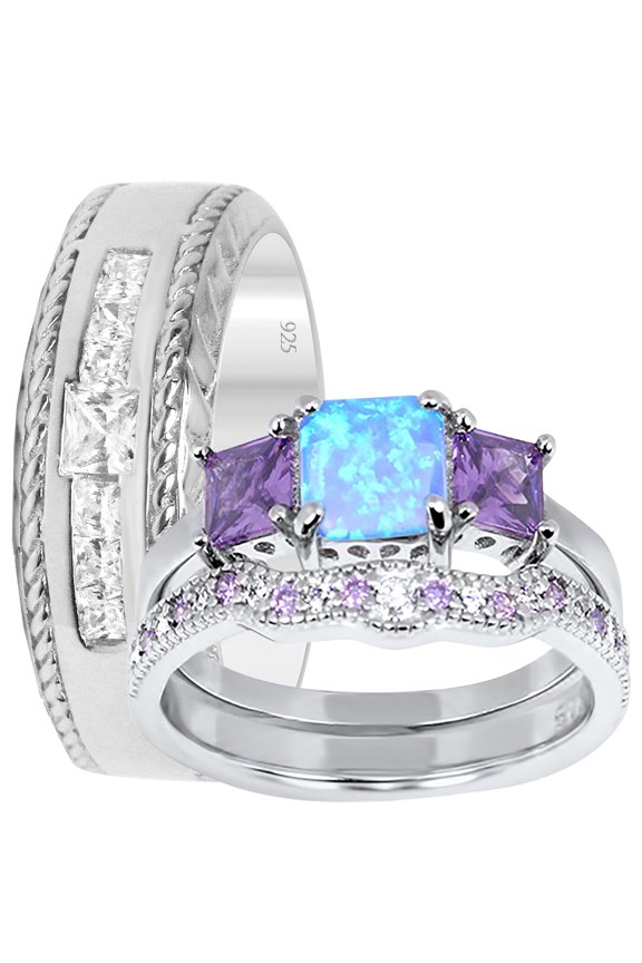 His Her Wedding Set 3 PCS TRIO Opal Sterling Silver Bride Groom Wedding Band Set 6/9