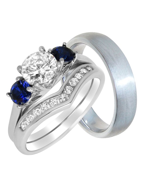 His Her Wedding Set Blue Sapphire CZ Couples Rings for Men Women 6/12