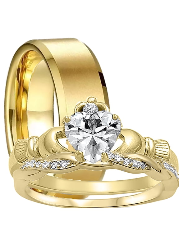 LaRaso Co His Her Wedding Set Couples Rings Claddagh Celtic Wedding Bands for Men Women 9 10