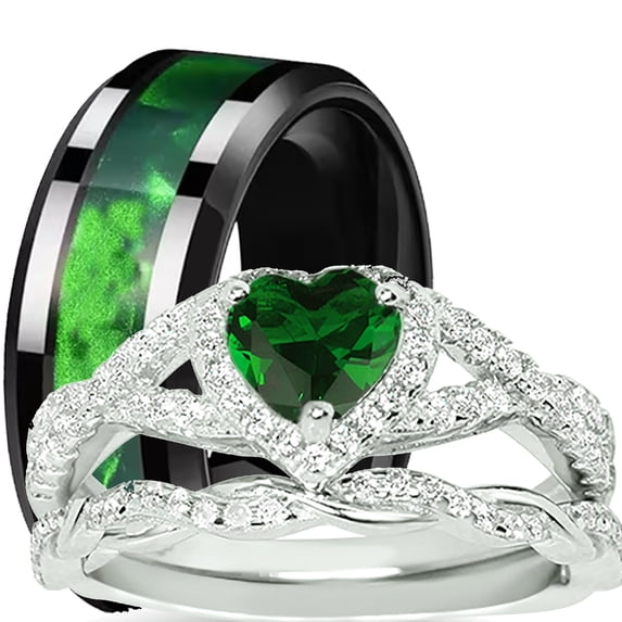 LaRaso Co His Her Wedding Set Couples Rings Green Black Silver Titanium 5 13