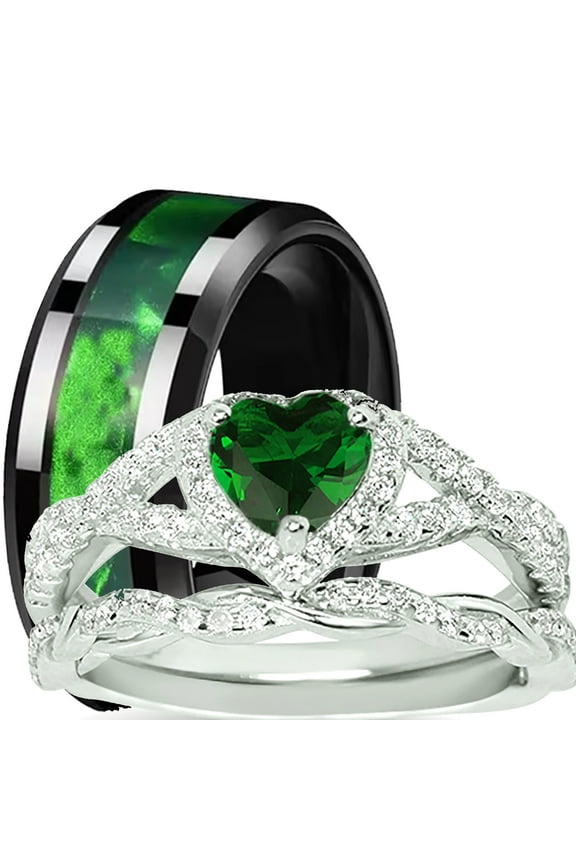LaRaso Co His Her Wedding Set Couples Rings Green Black Silver Titanium 6 9