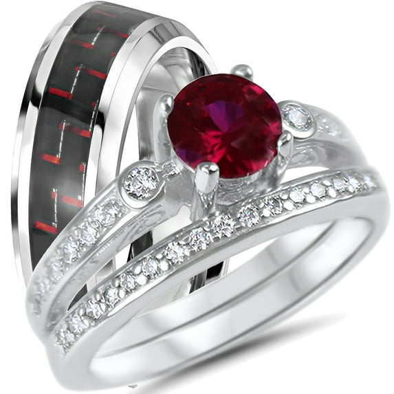 LaRaso & Co His & Her Wedding Engagement Ring Set Ruby Red Silver Black Unique Rings 5 10
