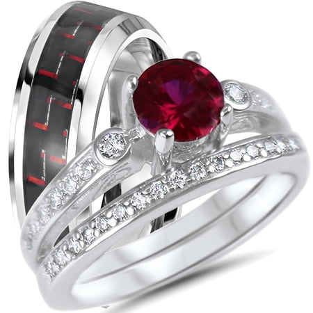 LaRaso & Co His & Her Wedding Engagement Ring Set Ruby Red Silver Black Unique Rings 9 10