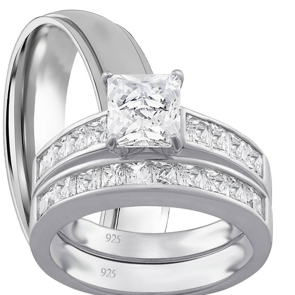 LaRaso & Co His Her Wedding Set TRIO 3 PCS Silver Titanium Couples Engagement Ring Set 10/11